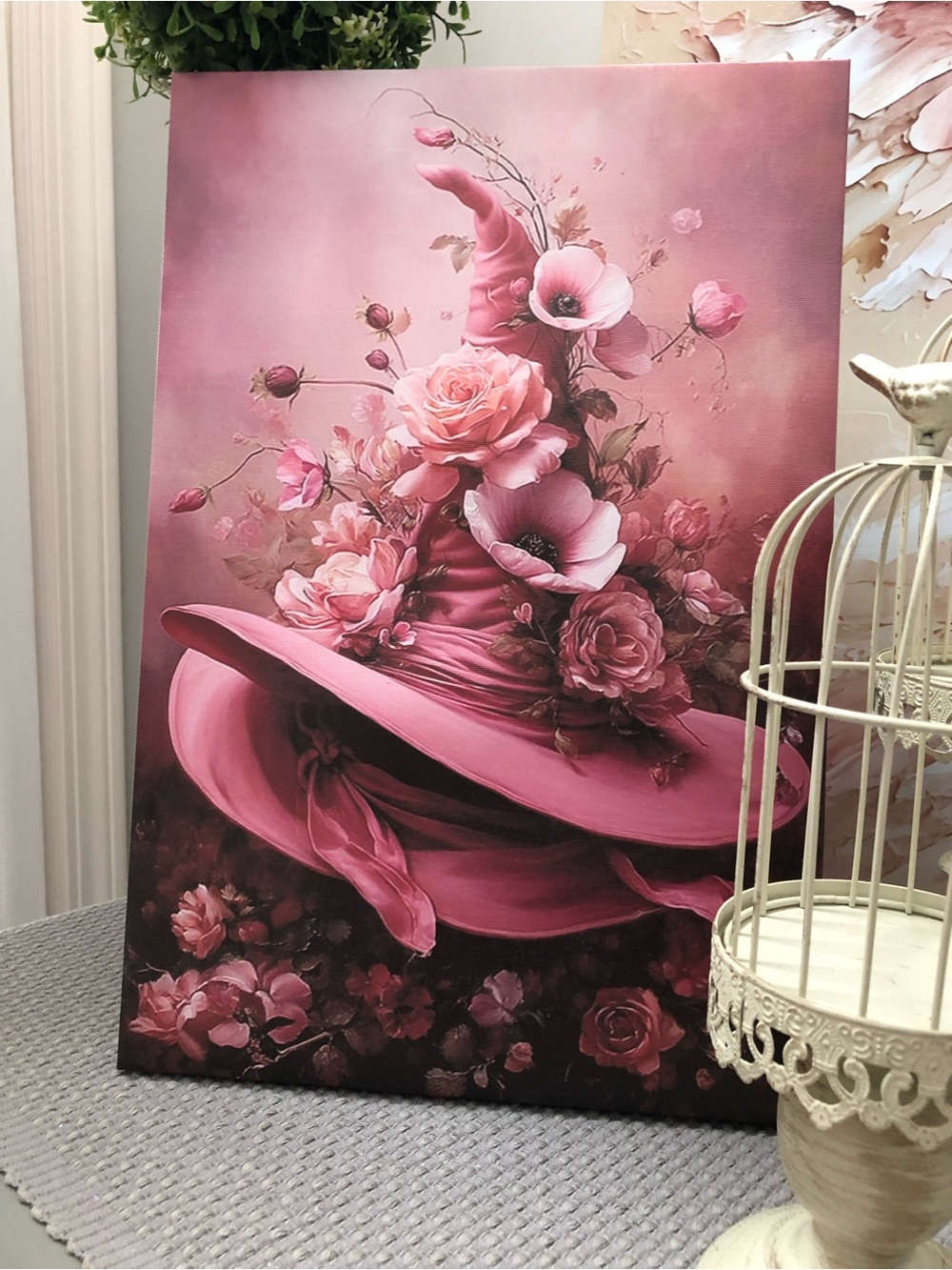 Elegant Pink Floral Witch Hat Canvas Wall Art